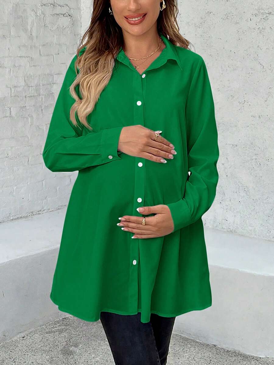 SHEIN 纯色长袖单排扣休闲宽松孕妇衬衫 - 墨綠色 - 查看 1