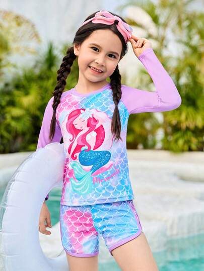 Mermaid Print Long Sleeve Swimsuit Set, Purple, Vibrant Fish Scale Pattern Allows Kids To Swim Through Fairy-Tale Underwater World