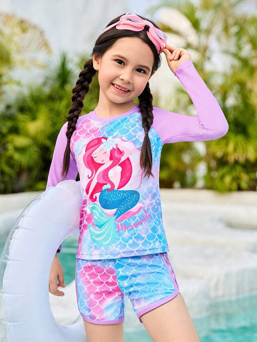 Mermaid Print Long Sleeve Swimsuit Set, Purple, Vibrant Fish Scale Pattern Allows Kids To Swim Through Fairy-Tale Underwater World