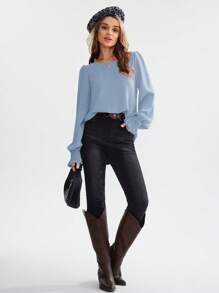 EMERY ROSE Long Sleeve Plain Shirred Flare Cuff Elegant Blouse,Long Sleeve Tops - Baby Blue - View 3