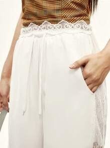 Rina Fox Women's Solid Color Lace Patchwork Pocket Elegant White Pants - White - View 6