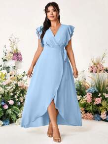 Cravure Plus Size Elegant Romantic Wedding Solid Cross V-Neck Tied Side Ruffle Sleeve Dress - Blue - View 1