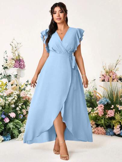 Cravure Plus Size Elegant Romantic Wedding Solid Cross V-Neck Tied Side Ruffle Sleeve Dress