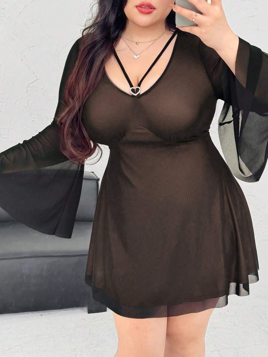 Flirla Plus Size Sexy Contrast Color V-Neck Heart Shape Bell Sleeve A-Line Short Dress Fall Cloth For Women - Camel - View 1