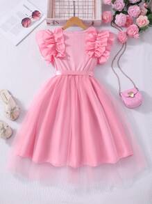 Sparklyn 女童荷叶边盖袖罗纹网眼圆领夏季公主休闲连衣裙（配腰带） - 粉色 - 查看 2