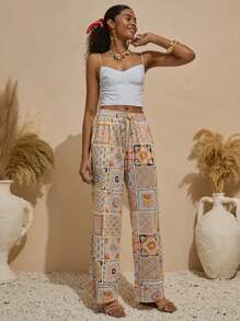 Bóhologie Boho Bohemela Womens Clothing Women Summer Clothes  Women Multicolor Printed Pocket Detailed Wide Leg Pants  Women Pants Wide Leg Women S Summer Clothes Women S Clothes Boho Pants For Women Wide Leg Jeans Woman  Suitable For Everyday, Out Of The Street, Holiday And Other Occasions To Wear - Multicolor - View 4