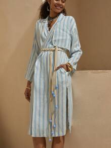 Bóhologie Vestido estilo bohemio con detalles de nudo en tonos azul y blanco para mujer - Azul y blanco - Ver 4