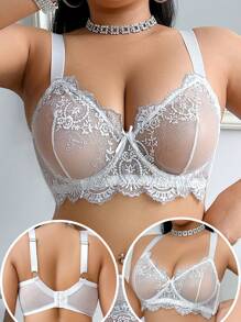 SHEIN 1 件大码女士蕾丝蝴蝶装饰钢圈性感内衣文胸 - 白色 - 查看 1