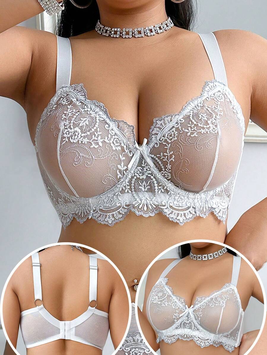 SHEIN 1 件大码女士蕾丝蝴蝶装饰钢圈性感内衣文胸 - 白色 - 查看 1