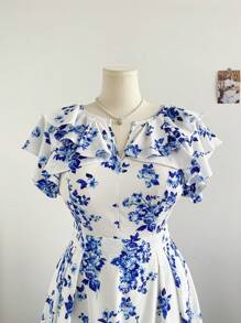 Dreamara Plus Size Women Floral V-Neck Cinched Waist Ruffle Hem Mid-Length Dress, Blue, Summer - Blue and White - View 5