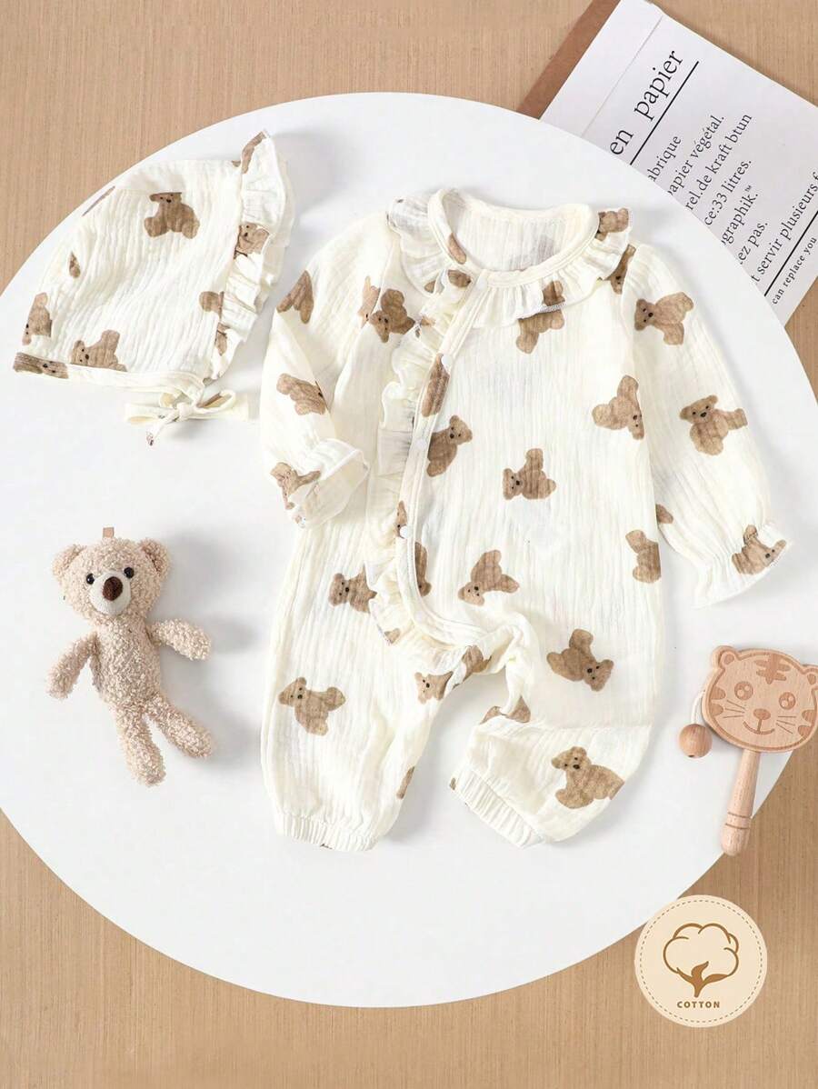 SHEIN 寶寶女孩鬆身休閒卡通熊印花睡衣連帽子 - 杏色 - 查看 1