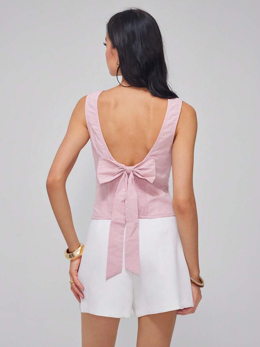 Roylia Women's Sleeveless Vest, Round Neck, Backless Elegant Bowknot Design, Fitted Cut, Summer