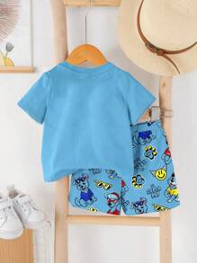SHEIN 2pcs/Set Baby Boy Casual Cartoon Pattern Round Neck Short Sleeve T-Shirt And Shorts Set, Suitable For Summer - Multicolor - View 3