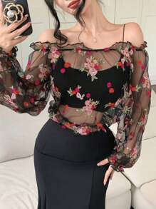 DAZY Floral Print Off Shoulder Lantern Sleeve Women Blouse - Black - View 8