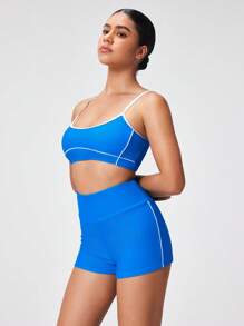 Swim Nautrix مجموعة ملابس سباحة نسائية للسباق مع تانكيني علوي بألوان متباينة وشورت سباحة لعطلة الصيف على الشاطئ - ازرق وابيض - مشاهدة 5