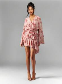 MISSGUIDED Floral Print Wrap Mini Dress With Bell Sleeves Ruffle Hem Asymmetric Tiered Skirt Wedding Guest Spring Summer Party - Pink - View 3
