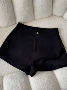 Airaco 女士大码休闲商务纯色高腰短裤，简约百搭 - 黑色 - 查看 3