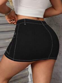 SHEIN SXY Black Denim Mini Skirt, Summer New Fashion Sexy Stretchy Bodycon Slim Pocket Straight Skirt - Black - View 3