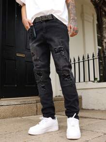 Manfinity LEGND Men's Casual Washed Distressed Denim Jeans For Summer - Black - View 1