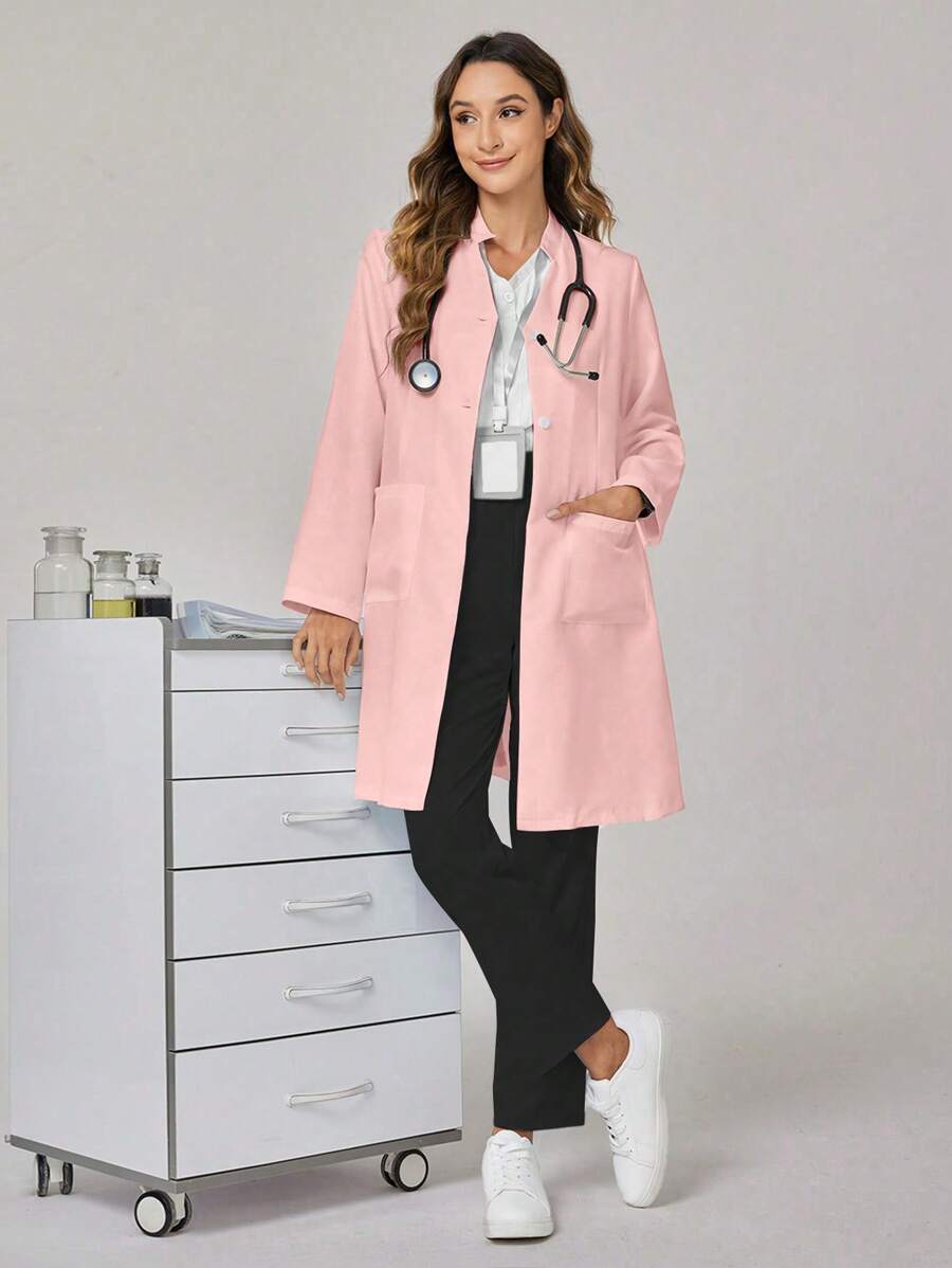 TaskEZ Pink Front Button Pocket Lab Coat With Long Sleeves - Pink - View 1