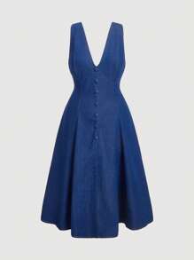 SHEIN MOD Plus Size Sleeveless Fitted Blue Denim Midi Dress,Mother Day Dress Ibiza Outfits  Going Out Dress Open Back Dress Mother's Day Dress Old Money Outfits Tea Party Dress Club Outfits Graduation Outfit Business Casual Women Modest Dresses For Women Brunch Outfits For Women Women Clothing Summer Country Concert Outfit - Dark Wash - View 5