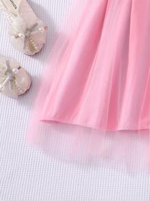 Sparklyn 女童荷叶边盖袖罗纹网眼圆领夏季公主休闲连衣裙（配腰带） - 粉色 - 查看 6