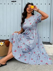 Breezaya Vestido midi casual y vacacional con estampado aleatorio, tallas grandes