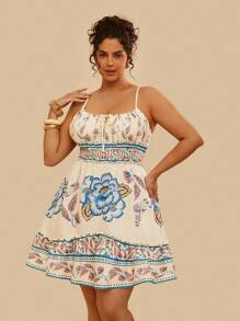 Travachic Vestido corto de playa para mujer de talla grande con cintura entallada y estampado tropical de flores, para el verano