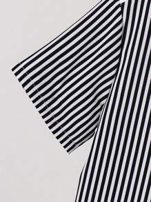 SHEIN Tween Boys Striped Patchwork Pattern Collared Short Sleeve Casual Shirt, Suitable For Summer Casual, Sportswear, Outing, Party, All-Match & Versatile - White - View 4