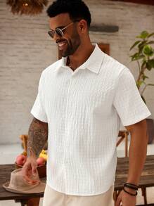 Manfinity Homme Plus Size Men's Casual Plain Textured Short Sleeve Shirt, Summer - White - View 6