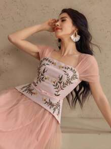 DAZY Women's Mesh Patchwork Embroidered Dress, Elegant Long Dress For Summer - Pink - View 4