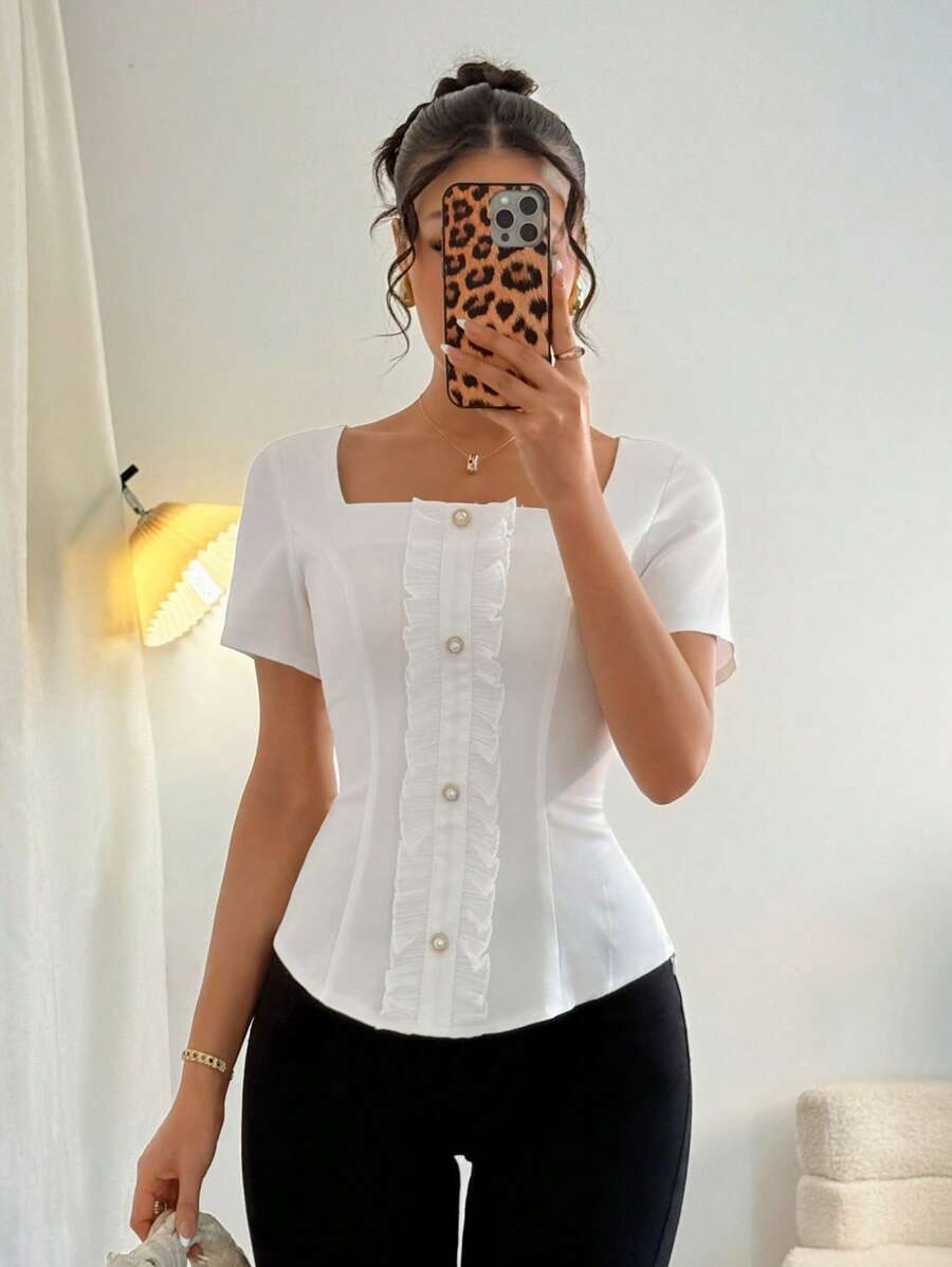 Chiquease Women's White Square Neck Ruffle Waist Casual Summer Shirt - White - View 1