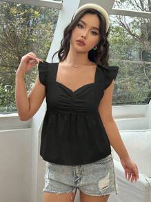 Lunelith SHEIN Lunessa Blusa de unicolor con textura, plisado en el pecho y escote de corazón con volante