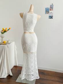 Soleia 女士度假套装：镂空针织吊带背心和紧身鱼尾下摆裙，适合派对、音乐节、海滩、约会、夏季 - 米色 - 查看 2