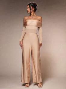 Glamine Nuevo mono elegante de una pieza para mujer con parte superior de tubo de malla de satén de punto negro, espalda descubierta con cremallera, manga larga, pierna ancha, adecuado para todas las estaciones, apropiado para citas nocturnas como disfraz de adulto