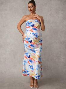 MaterniChic Elegant Strapless Floral Maternity Maxi Dress: Woven Fabric, Sleeveless, Backless Design, And Long Length For A Stylish Pregnancy - Multicolor - View 7