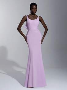 Elitara 优雅、浪漫、庄重、浅紫色、针织弹力面料、无袖、细肩带、露背、贴花、蝴蝶结、鱼尾、生日派对、婚礼派对、伴娘礼服 - 淡紫色 - 查看 6