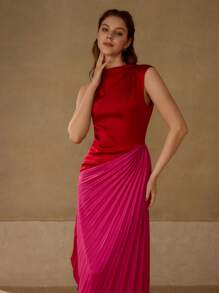 MOTF PREMIUM COLORBLOCK PLEATED DRESS - Red - View 3