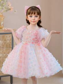 Young Girl' Cute Fancy 3D Butterfly Ruffle Puff Sleeve Princess Dress, Suitable For Party, Ball, Holiday Occasion, Summer - Pink - View 4