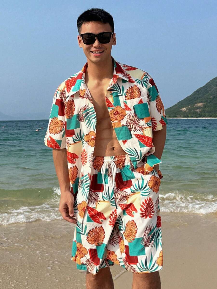 DAZY Summer Floral All-Over Print Beach Shirt And Shorts 2-Piece Set For Men - Multicolor - View 1