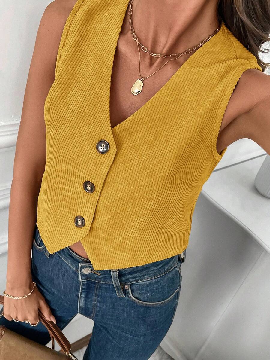SHEIN LUNE Office Lady Plain Color Minimalist Style Vest Top, Suitable For Summer - Yellow - View 1