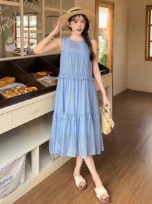 SHEIN Teen Girls Blue Elegant Minimalist Round Neck Sleeveless Loose Stylish Woven Casual Dress, Summer, Ruffles, A Pendulum