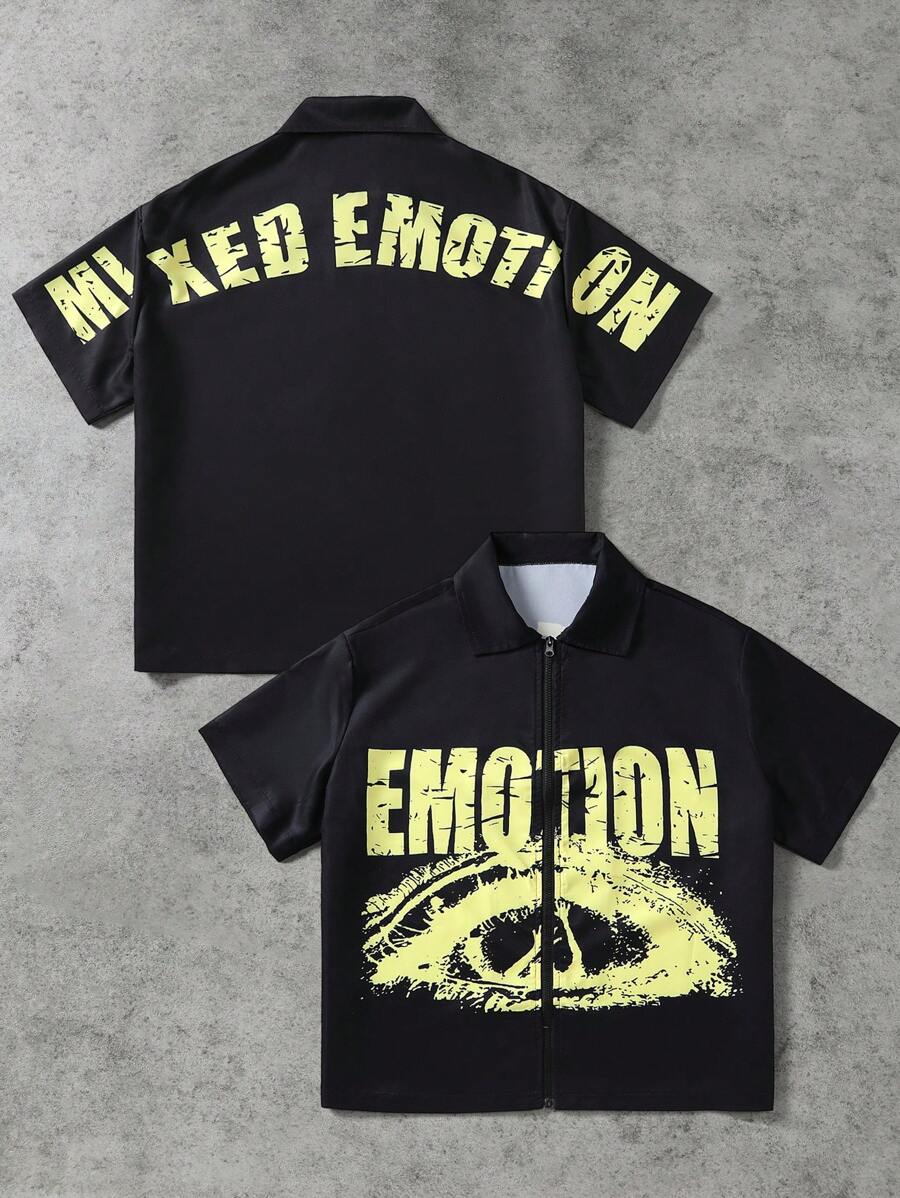 Manfinity EMRG Plus Size Men Letter Print Zip Closure Casual Short Sleeve Shirt - Black - View 1