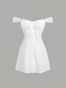 Sweetra 女士新款甜美可爱度假乡村风白色刺绣露肩修身迷你连衣裙，百搭 - 白色 - 查看 3