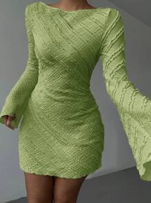 Aloruh Knit Jacquard Open Back Tie Strap Mini Dress,Mint Green Dress - Green - View 4