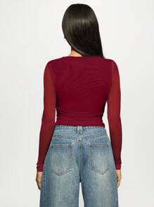 MISSGUIDED 网纱袖水晶装饰露脐上衣，适合假日派对晚宴，冬季优雅闪亮水钻俱乐部修身亮片弹力时尚圣诞 - 酒紅色 - 查看 2