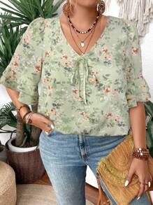 SHEIN Clasi Women V-Neck Floral Print Ruffle Double Layer Mid Sleeve Blouse - Green - View 3