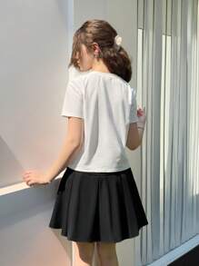 SHEIN 2 Pieces Set: Casual Simple Comfy Crew Neck Top With Bow Design & Pleated Skirt For Teen Girls - Black - View 3
