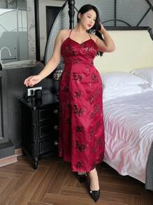 Dazy Plus 大码植绒印花长款裹身无袖性感连衣裙，红色，适合正式场合、秋季长袖礼服、舞会礼服、优雅女士连衣裙、邮轮旅行装扮 - 酒紅色 - 查看 5