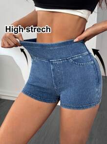 SHEIN PETITE Women's High Stretch Denim Mini Shorts: Casual Medium Wash Zipper Detail For Everyday Comfort - Medium Wash - View 1